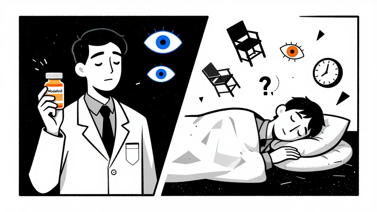 Zweigeteilte Figur: eine Hälfte wach mit Medikament, andere Hälfte im Schlaf mit Traumsymbolen.