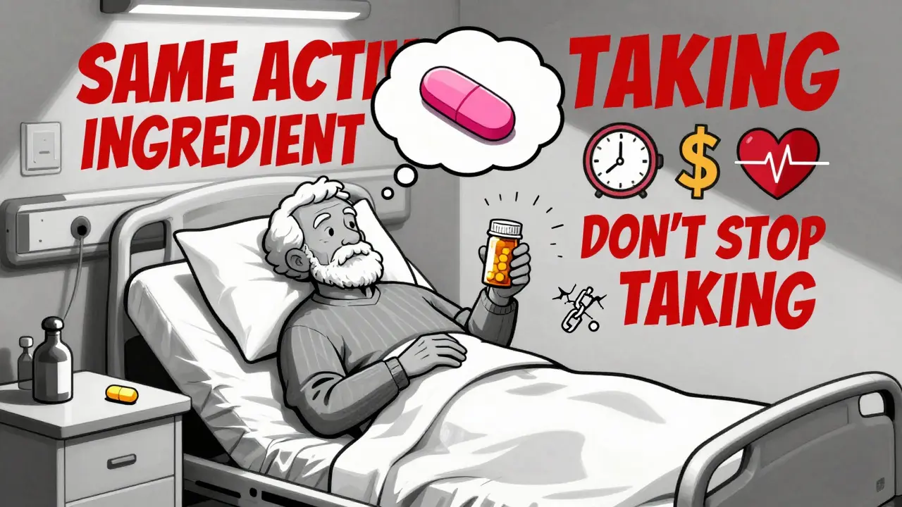 Alter Mann hält Pillenflasche, Gedankenblase zeigt alte blaue Tablette, echte Tablette ist gelb, umgeben von Gesundheits-Symbolen.