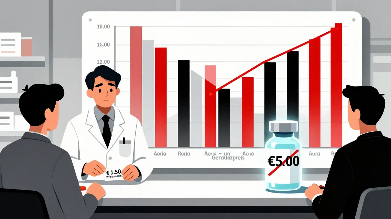 Apotheker gibt billiges Generikum aus, während teures Originalmedikament durchgestrichen ist.