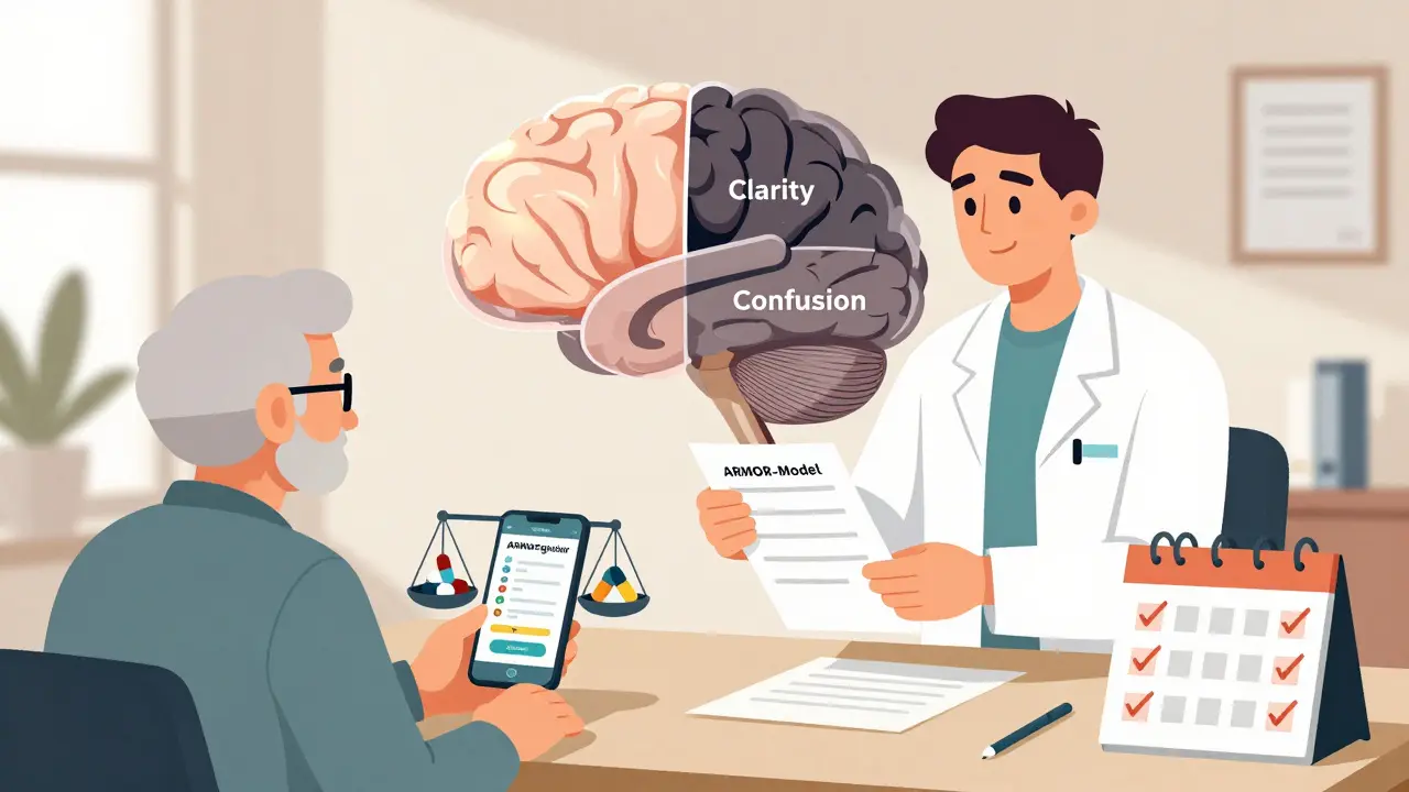 Apotheker reicht einem älteren Patienten eine Checkliste, hinter ihnen ein transparentes Gehirn mit klaren und verwirrten Bereichen.