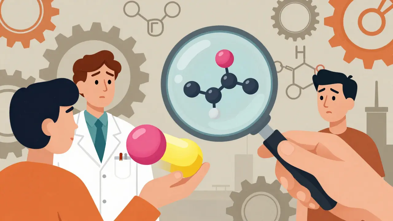 Apotheker zeigt Patienten zwei Tabletten, unter einer Lupe sind identische Moleküle sichtbar, Hintergrund mit technischen Symbolen.