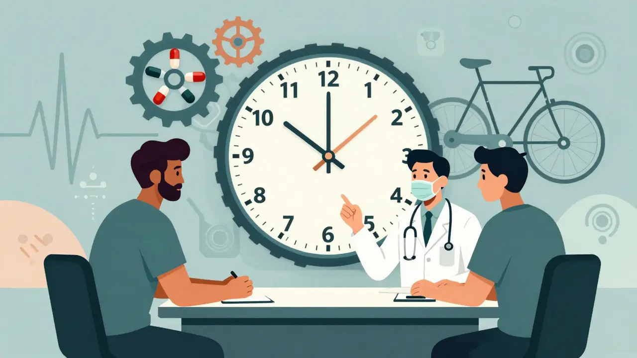 Arzt und Athlet beraten vor einem Zeit- und Medikamenten-Chart mit Herz- und Sensorsymbolen.