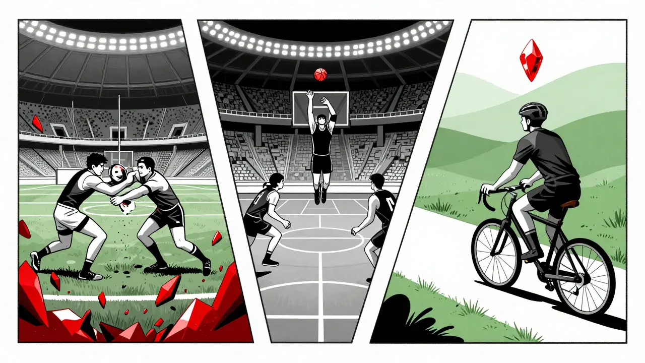 Drei Sportarten als geometrische Szenen: Rugby mit Blutrisiko, Basketball mit Drohtropfen, Radfahren mit Sicherheit.