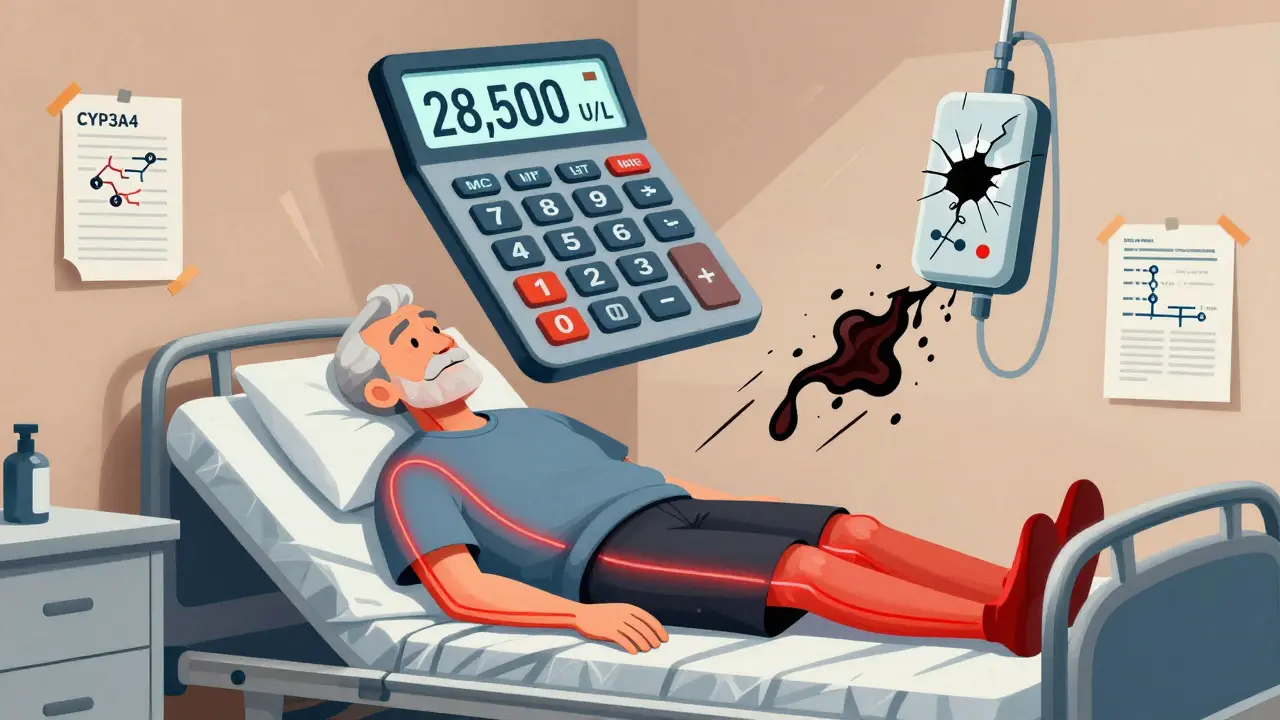 Ein alter Mann im Krankenhaus mit steigendem CK-Wert und einer defekten Dialysemaschine, umgeben von medizinischen Diagrammen.