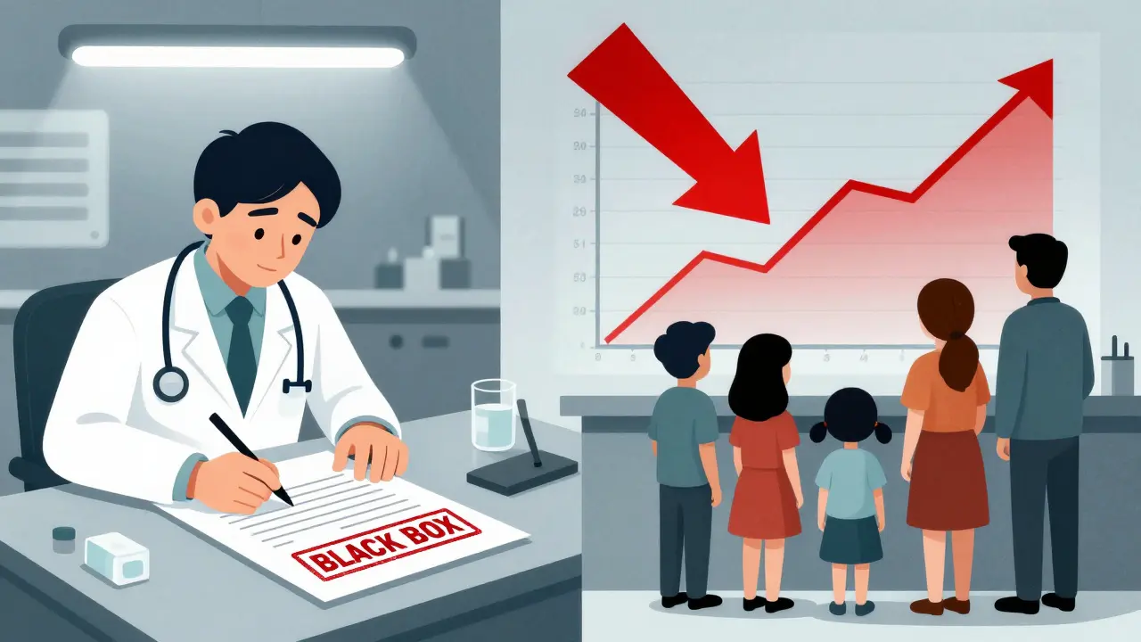 Ein Arzt unterschreibt einen Konsentformular, während eine Familie die Behandlung ablehnt – ein schwarzer Warnkasten dominiert die Szene.