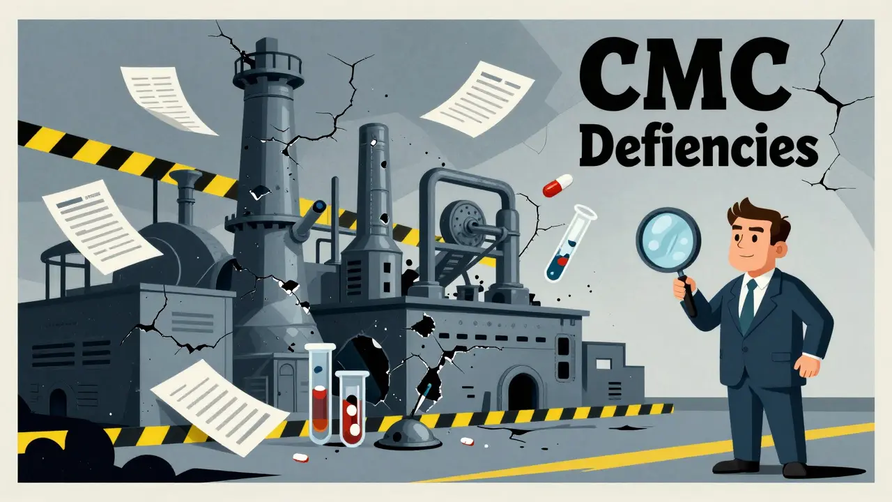 Eine defekte Fabrik mit fehlenden Maschinen und unvollständigen Testdaten, umgeben von einem FDA-Prüfer mit Lupe.