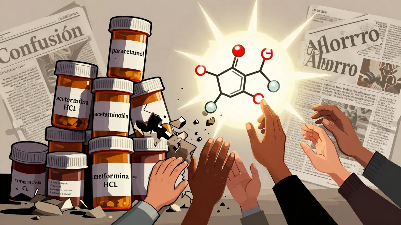 Eine Stapel von Pillen mit verschiedenen Namen bricht auseinander, während eine einzige chemische Struktur aufsteigt, von verschiedenen Händen erreicht.