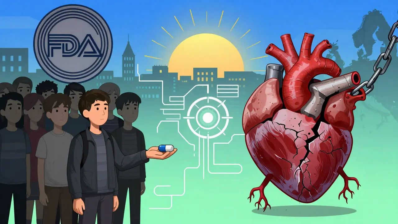 Eine Waage zeigt eine Pille gegen ein gebrochenes Herz; im Hintergrund unterscheiden sich amerikanische und europäische Szenen.