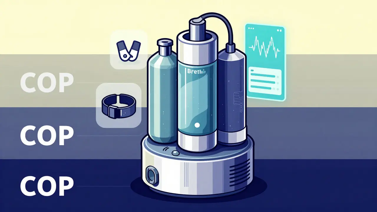 Einzelnes Inhalationsgerät mit Symbolen für Sauerstoff, Bewegung und App, in vier Farbbändern dargestellt.