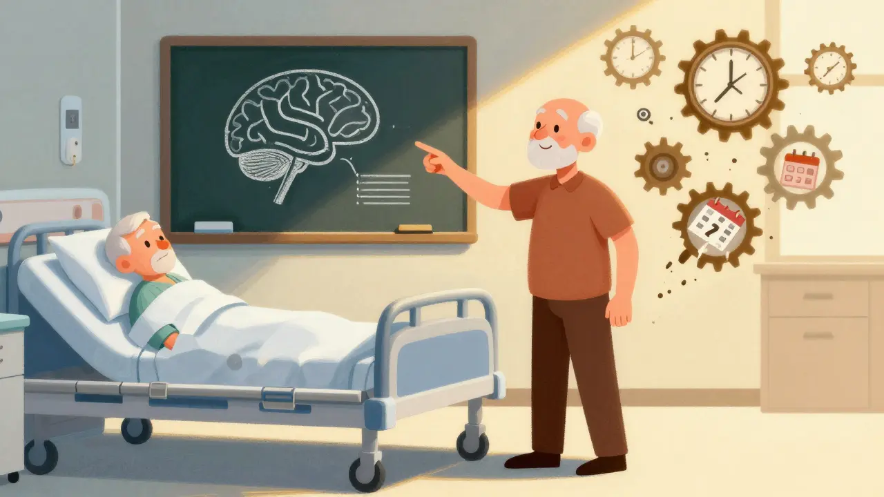 Familie beobachtet, wie ein alter Mann durch Behandlung wieder gehen kann.