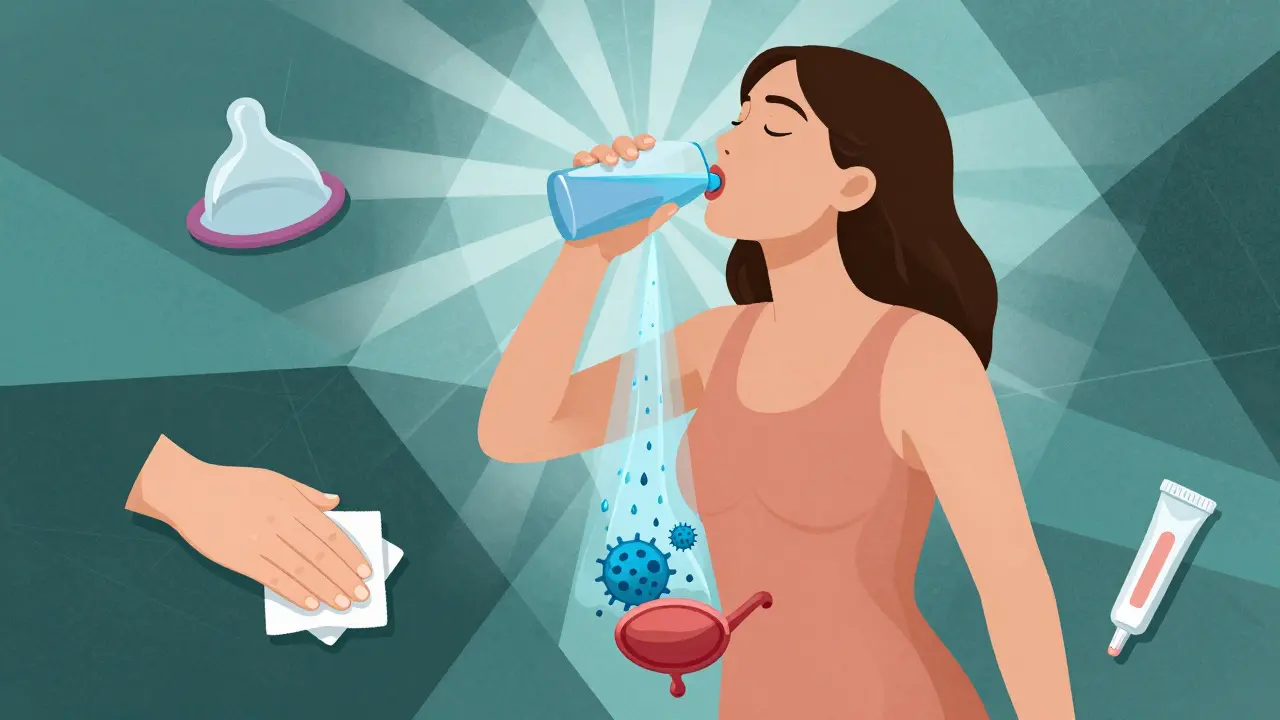 Frau trinkt Wasser, das Bakterien aus der Blase spült, mit Präventions-Symbolen