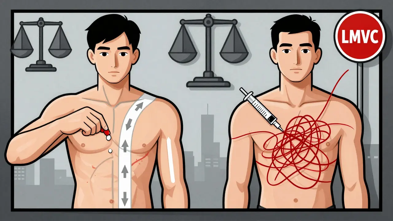 Gespaltenes Patientenbild: Eine Seite mit Pillen und klaren Linien, andere mit Spritzen und verwirrten Fäden.