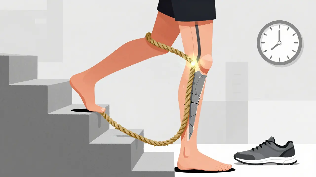 Gestaltete Achillessehne, die unter kontrollierter Belastung langsam gedehnt wird, mit Treppen- und Schuhmotiven.