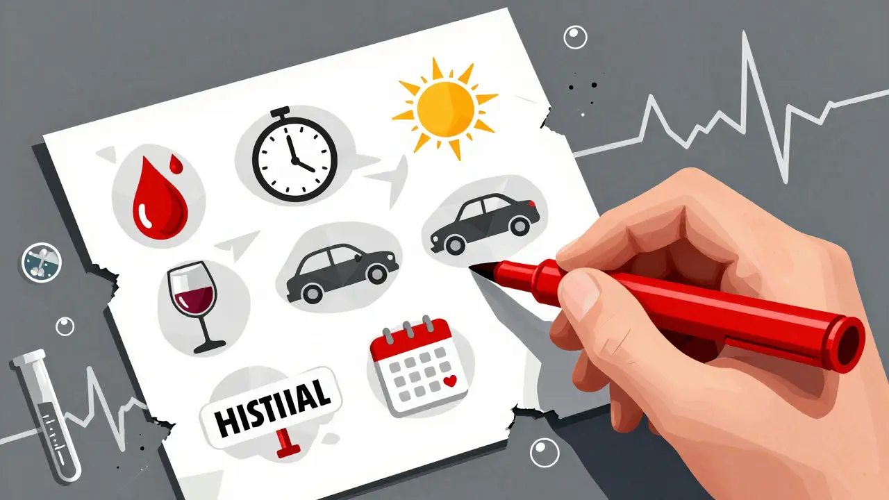 Hand markiert sieben kritische Warnhinweise auf einer Medikationsanleitung mit rotem Marker, umgeben von symbolischen Icons.