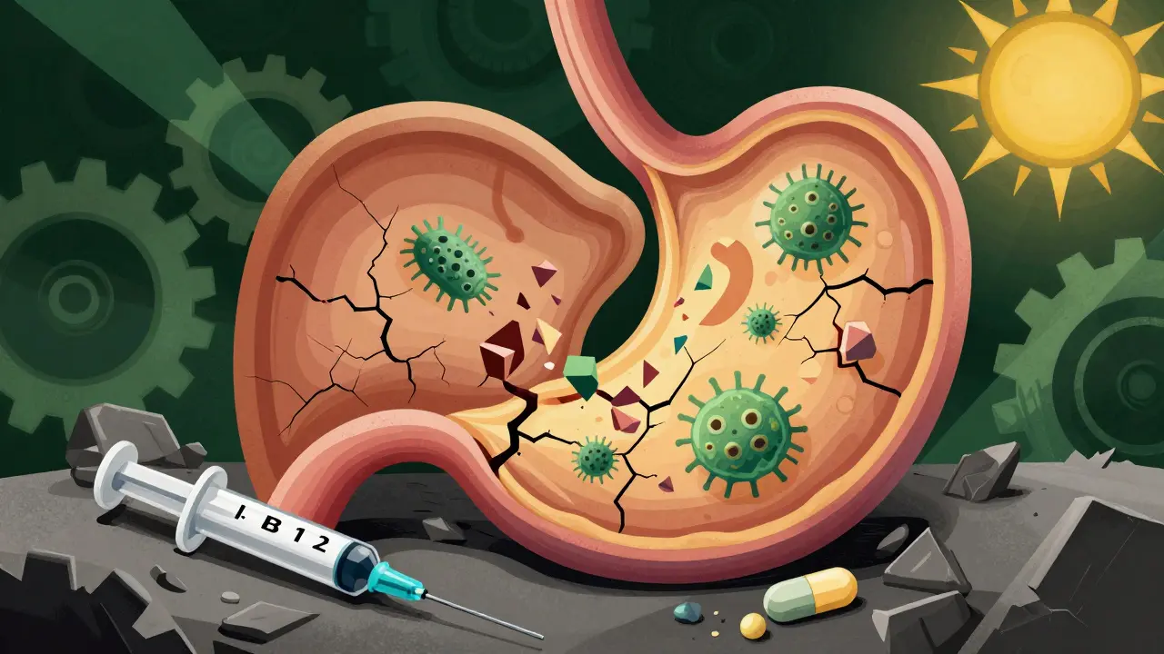 Heilung der Magenschleimhaut nach H. pylori-Behandlung, mit abgebauten Bakterien und wiederaufbauendem Gewebe.