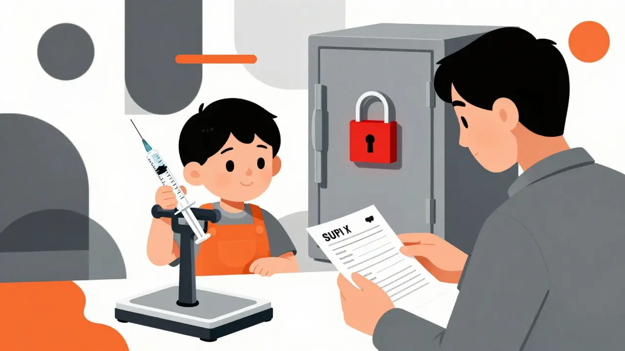 Kind misst mit einer Spritze eine Medikamentendosis, während ein Medikamentensafe im Hintergrund sichtbar ist.