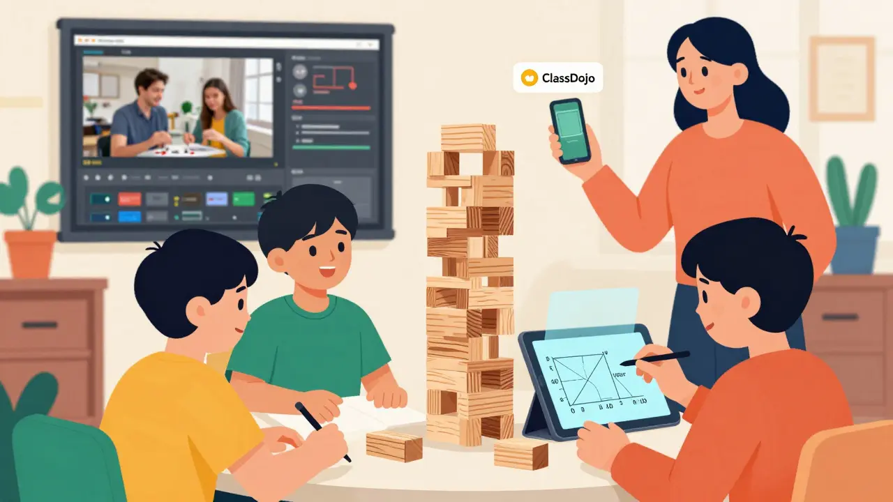 Kinder bauen physische Türme und ergänzen sie mit digitalen Überlagerungen auf Tablets im phygitalen Klassenzimmer.