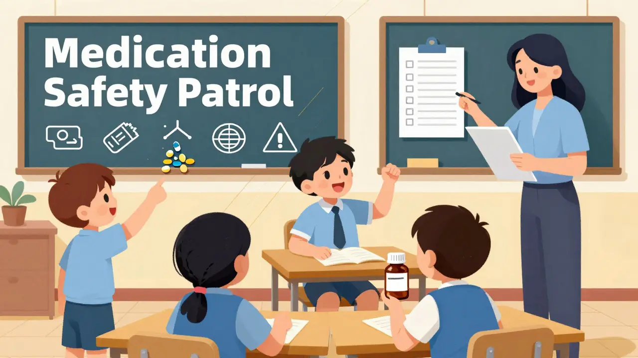 Kinder in der Schule spielen Medikamentensicherheitspatrouille und unterscheiden Pillen von Süßigkeiten.