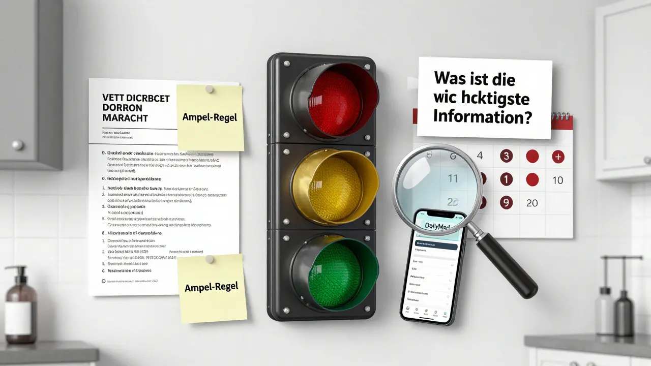 Küchenwand als Sicherheits-Map mit Ampelsystem, Kalender und Smartphone, die Medikationsanleitung visualisieren.