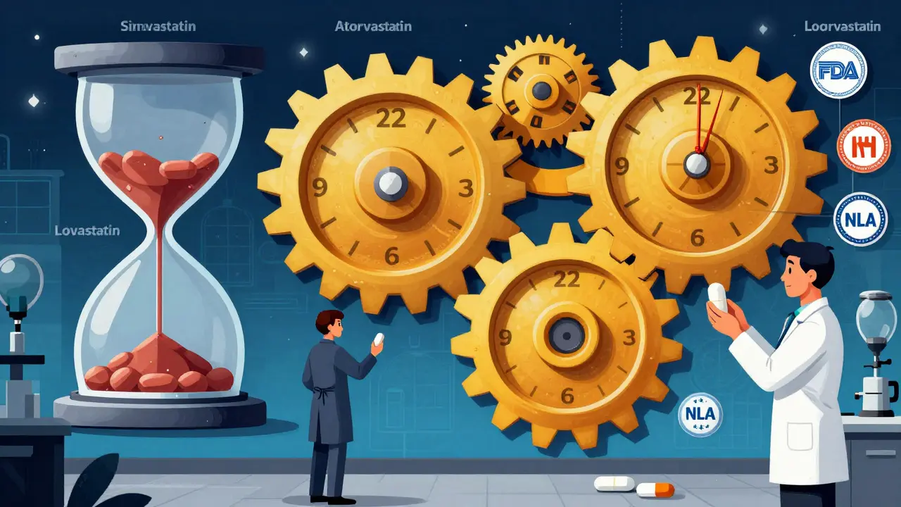 Kurz- und langwirkende Statine als Uhrwerke und Sanduhren im Konstruktivismus-Stil dargestellt.