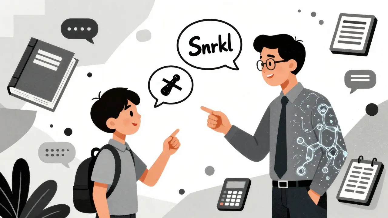 Lehrer und Schüler interagieren mit KI, die gesprochene und visuelle Antworten in abstrakten Blasen analysiert.