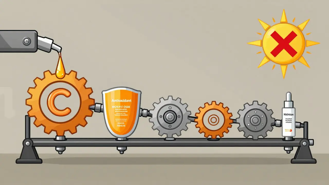 Mechanische Anlage, die die tägliche Hautpflege als Produktionslinie darstellt: Seren, Sonnenschutz und Wirkstoffe als Zahnräder, mit abgeblockter Sonne.