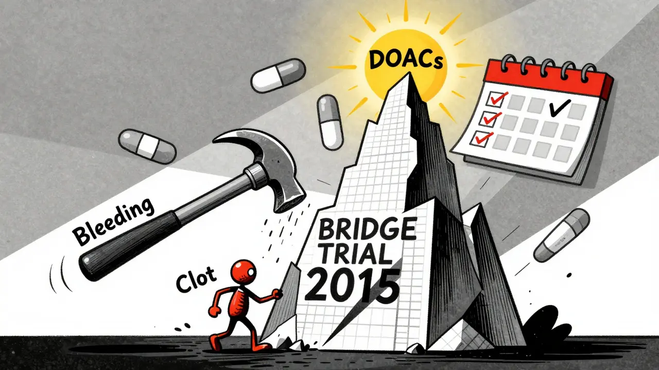 Medizinische Tafel mit fallendem Hammer und aufgehender Sonne, symbolisiert den Übergang von Brückentherapie zu DOACs.
