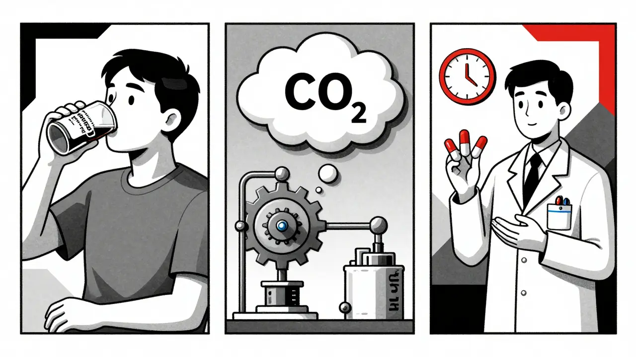 Medizinische Untersuchung mit Harnstoff-Atemtest und Antibiotika-Behandlung in geometrischem Illustrationsstil.
