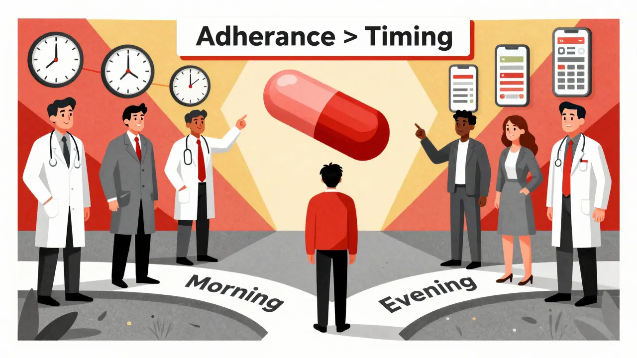 Mensch an Kreuzweg zwischen Morgen und Abend, moderne Ärzte zeigen auf Erinnerungs-App.