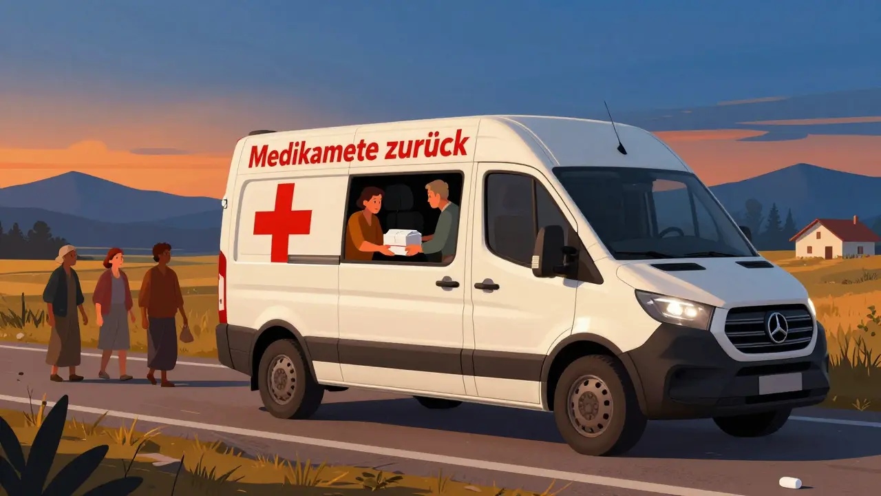 Mobile Sammelstelle fährt durch das Land, um Medikamente in ländlichen Gebieten einzusammeln.
