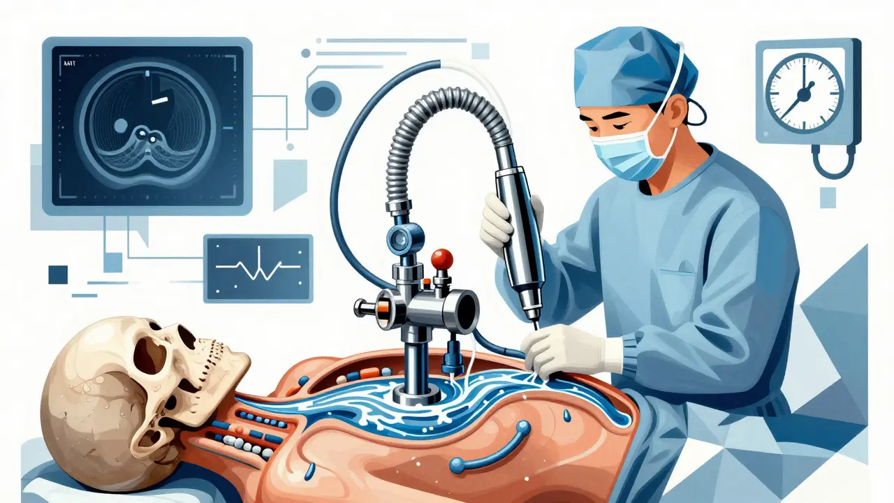 Neurochirurg setzt einen Shunt ein, der Hirnwasser vom Gehirn in den Bauch leitet.