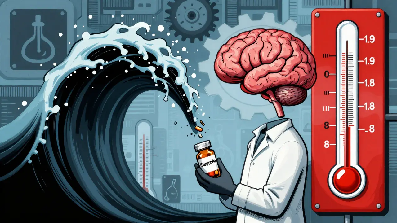 Patient mit Ibuprofen, während Lithium-Ionen in das Gehirn steigen und Werte ansteigen.