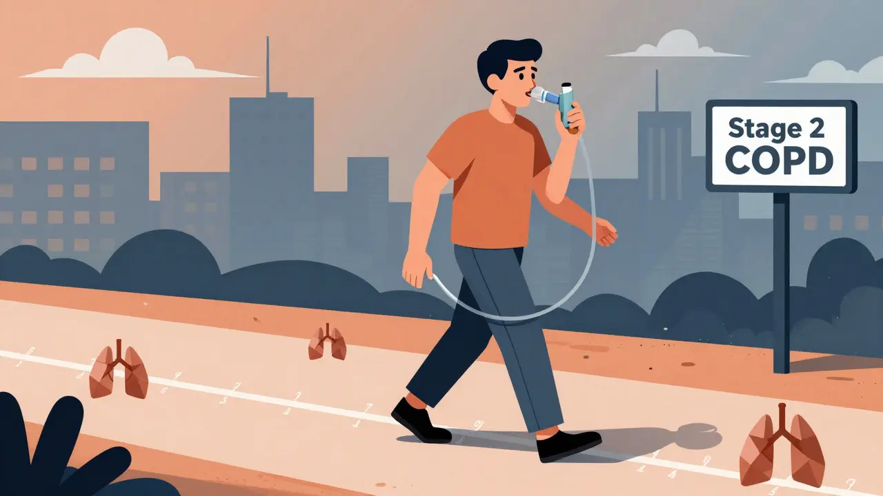 Person mit Inhalator auf einem Weg, Lungen-Symbole kollabieren mit jedem Schritt, industrielle Umgebung.