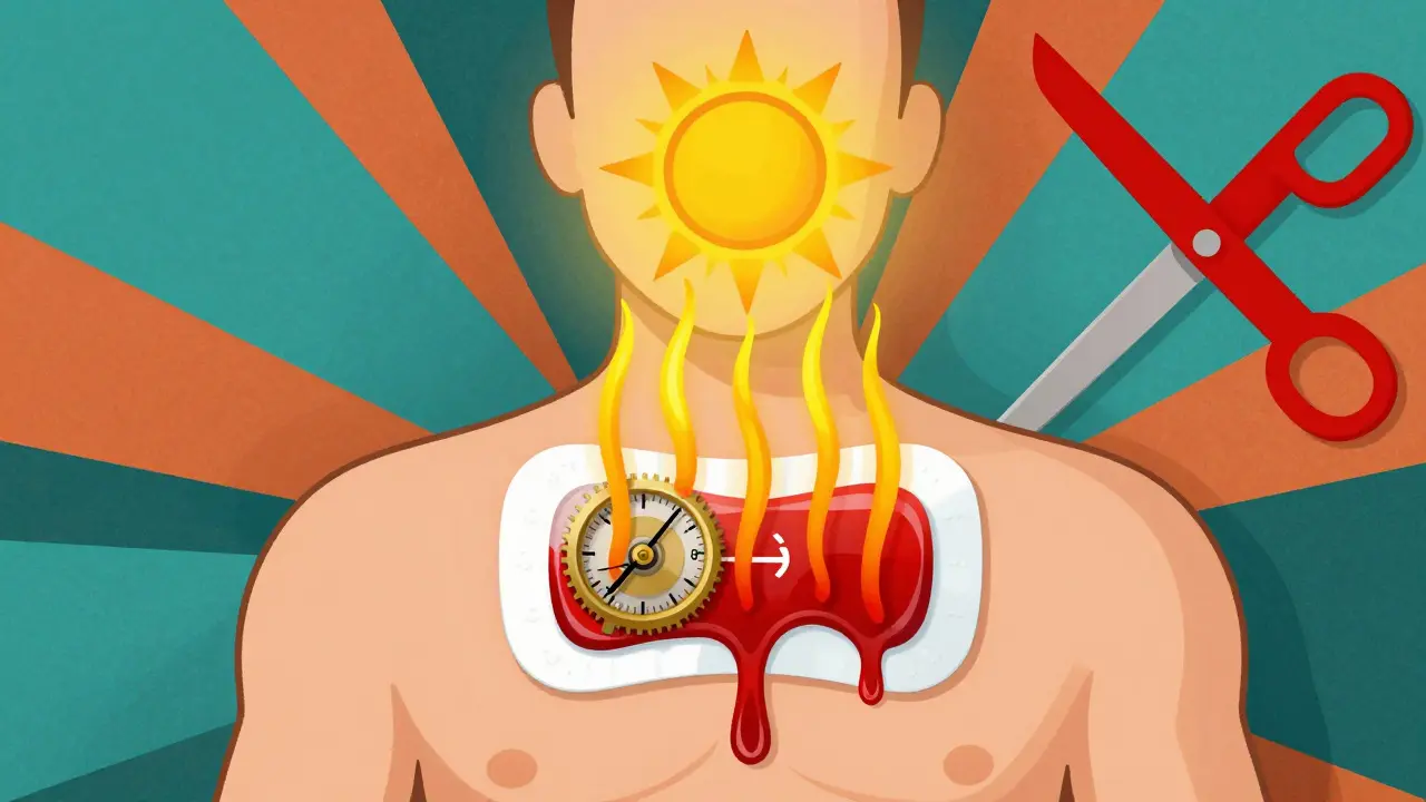 Pflaster auf der Haut mit Hitzewellen und einem durchgestrichenen Schere-Symbol.