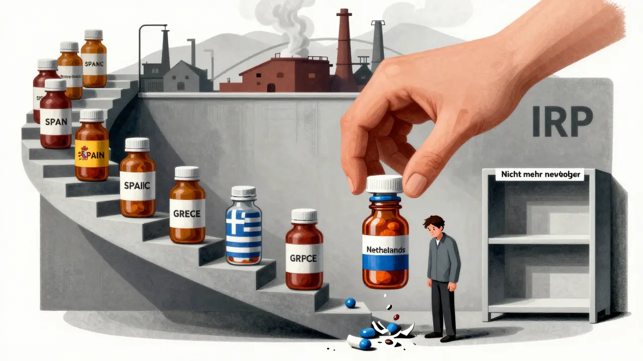 Preisspirale aus Pillenflaschen führt zu leerer Regalwand und besorgtem Patienten.