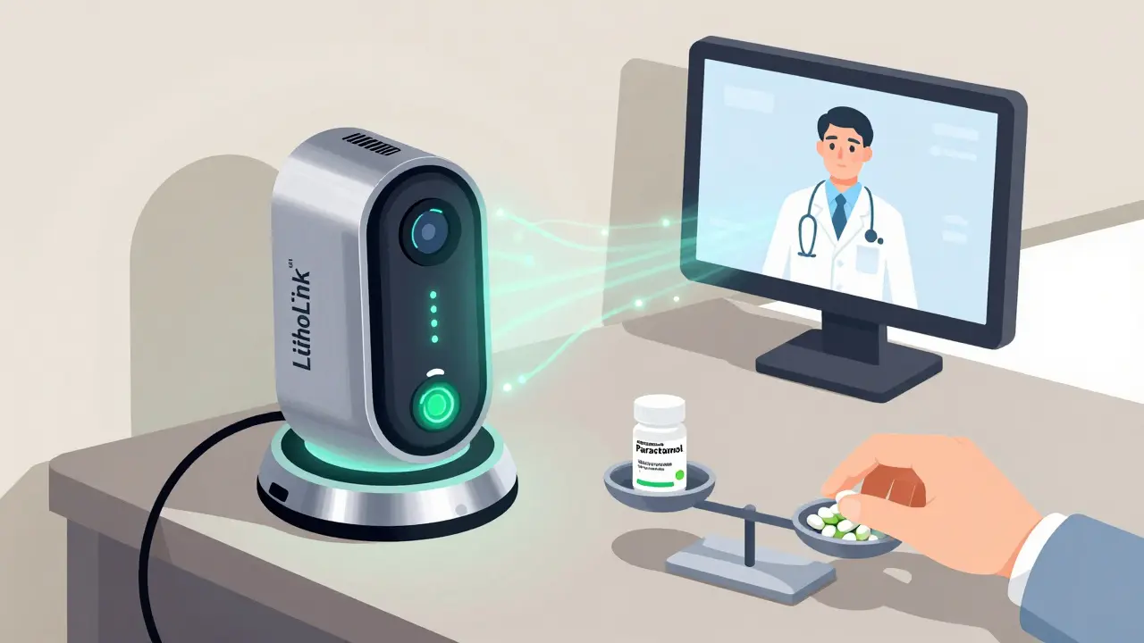 Tragbares Gerät LithoLink™ sendet Daten, während sichere und gefährliche Medikamente abgewogen werden.