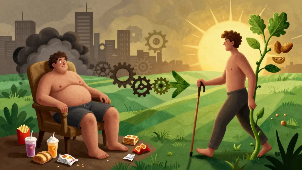 Transformation vom gesundheitlich gefährdeten zum aktiven Lebensstil mit Nahrung und Bewegung.