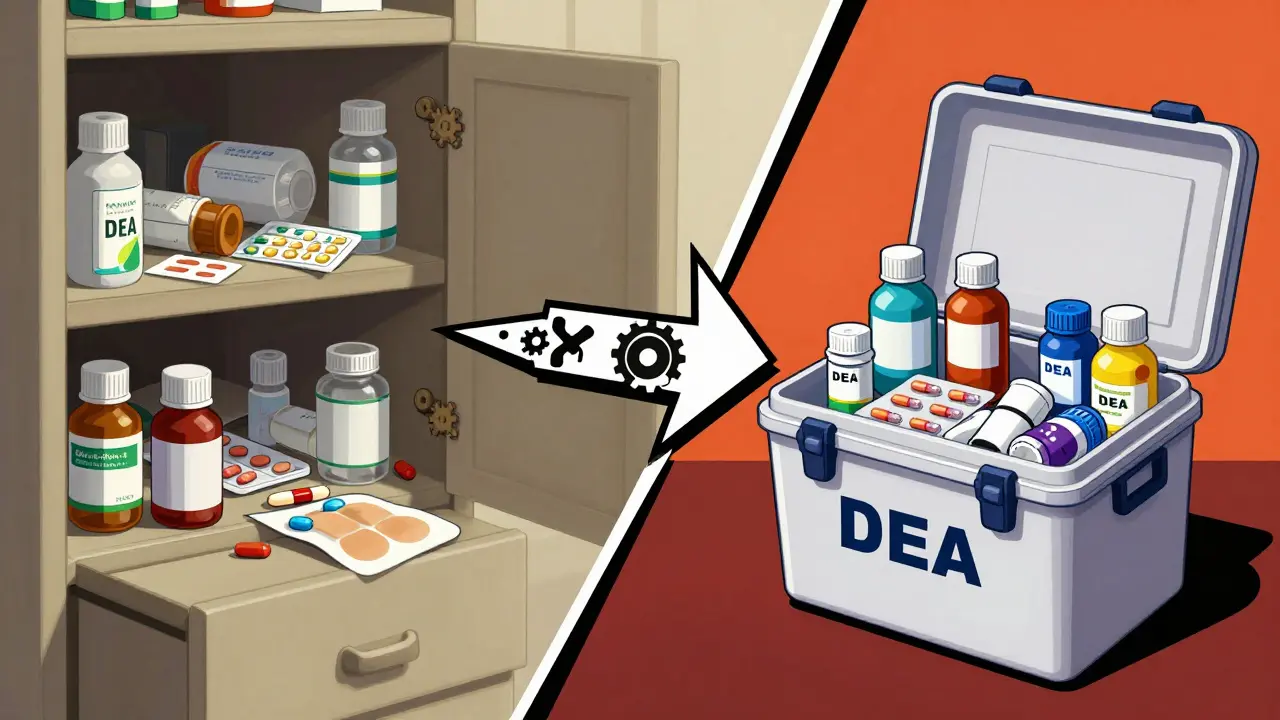 Vergleich zwischen ungesicherter Hausapotheke und sichere Entsorgung in einer Sammelstelle.