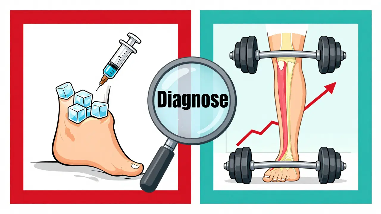Vergleichende Illustration: Bursitis mit Kälte und Injektion vs. Sehnenprobleme mit gezieltem Training und Fortschrittsdiagramm.