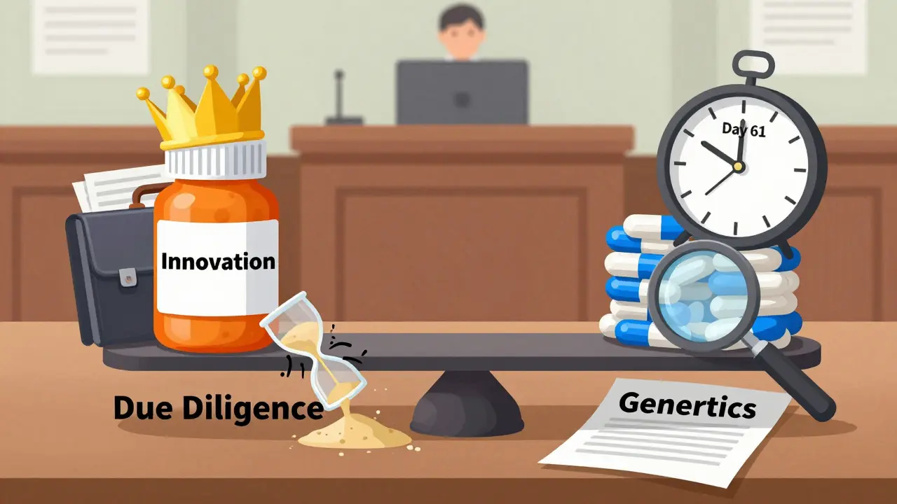 Waage zwischen innovativem Medikament und Generika, mit einer fehlerhaften Patentanmeldung und dem kritischen 61. Tag.