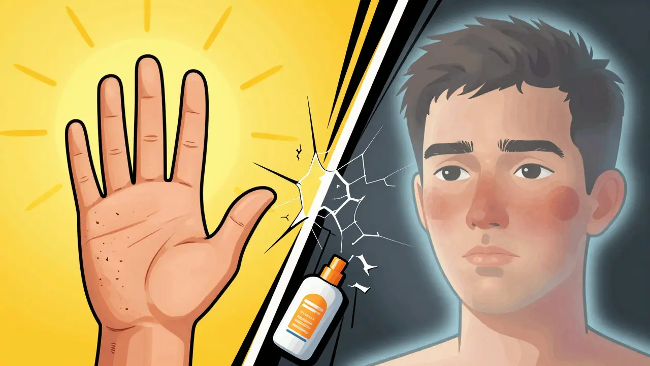 Zwei Hautbereiche verglichen: kleine Sonnenflecken auf der Hand und diffuse Melasma-Flecken auf dem Gesicht, getrennt durch zerbrochene Laserstrahlen.