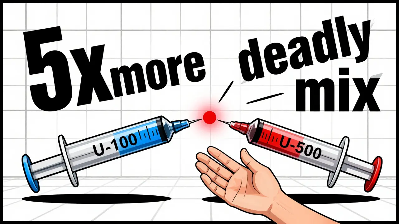 Zwei Insulin-Spritzen, blau und rot, mit riesigen Zahlen und warnenden Texten dazwischen.