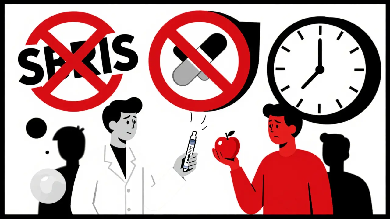 Apotheker reicht Notfallmedikament, während Warnsymbole und eine Uhr über dem Patienten schweben.