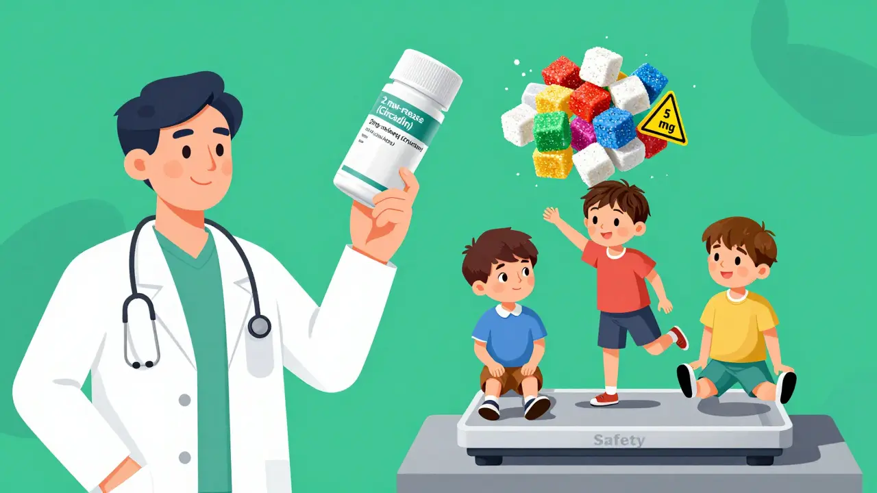 Arzt zeigt zwei Melatonin-Tabletten, eine sicher, eine gefährlich, Kinder auf einer Waage mit Warnsymbolen.