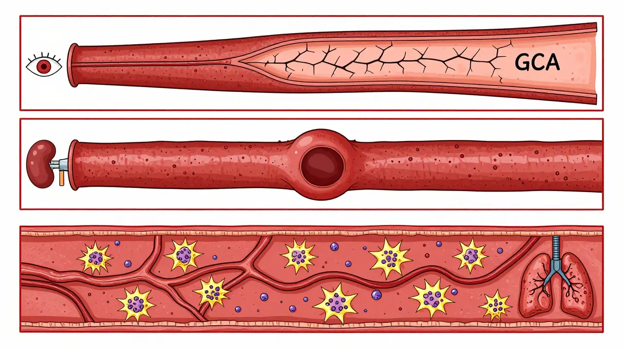 Drei Arten von Gefäßentzündungen: Groß-, Mittel- und Kleingefäß mit organbezogenen Symbolen in künstlerischer Darstellung.