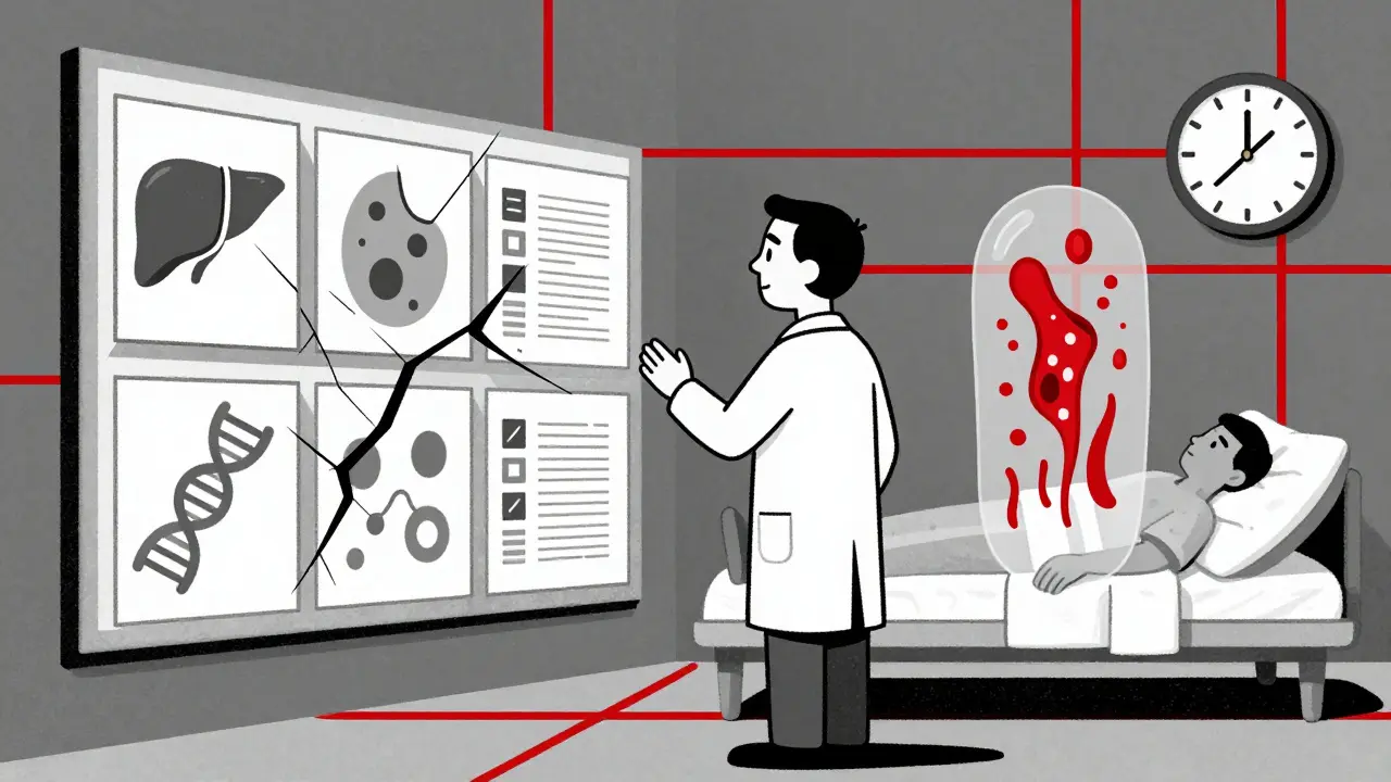 Ein Arzt vor einer Wand aus fragmentierten medizinischen Daten, mit abstrakten Symbolen für Leber, Haut und Zeit, im Constructivism-Stil.