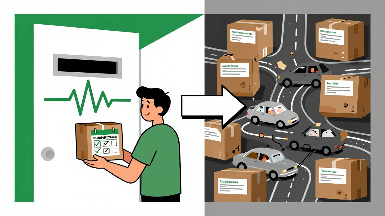Ein Briefkasten sendet eine 90-Tage-Paketlieferung, während eine chaotische Apothekenreiseroute hinter ihr verschwindet.