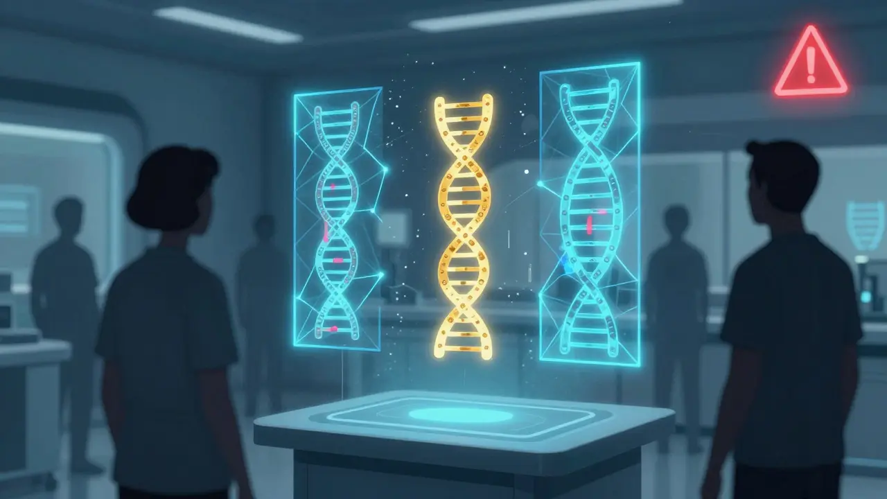 Ein futuristisches Labor, in dem KI-Algorithmen DNA-Stränge scannen und seltene Genvarianten hervorheben, im Constructivism-Stil.