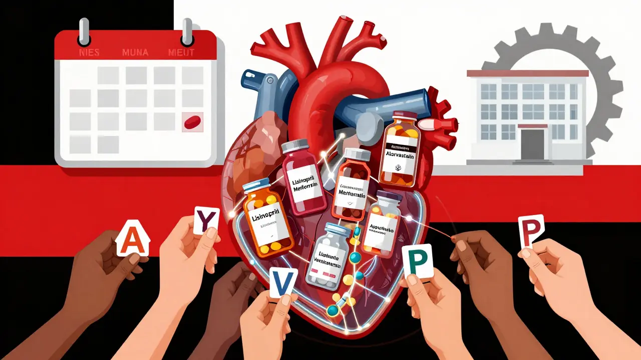 Ein Herz aus Medikamentenflaschen, verbunden durch Lichtlinien, mit Handen, die nach Arzt, Versicherung und Apotheke greifen.