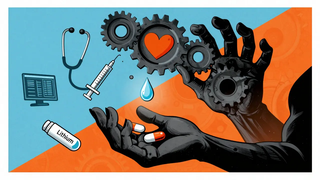 Ein Patient mit Lithium- und Ibuprofen-Pillen, während eine zahnradige Hand Wasser und Herz zerquetscht.